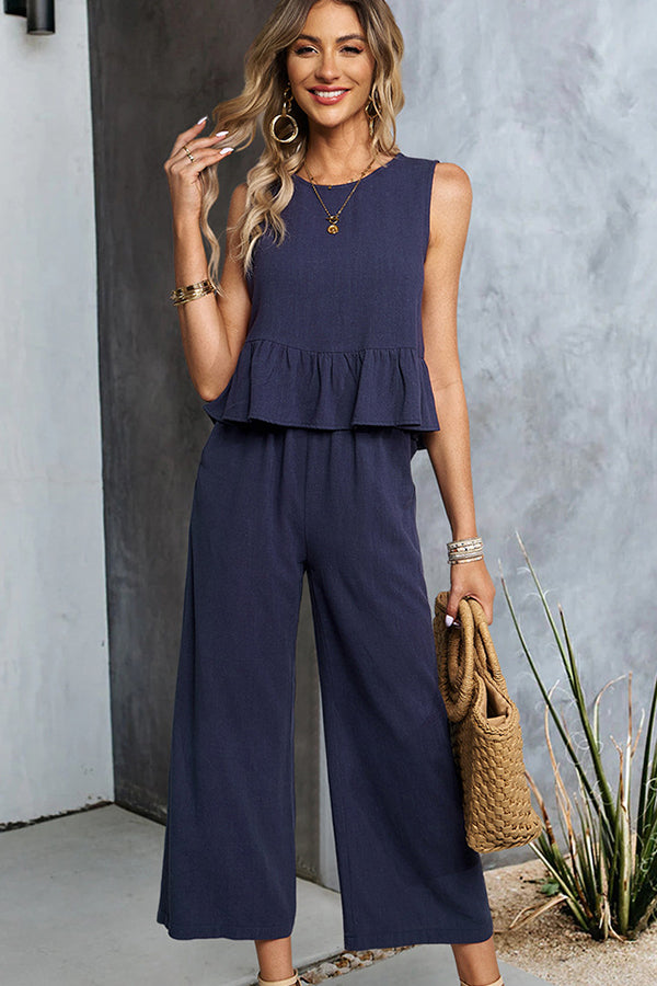 Solid Color Ruffle Hem Two Pieces Set