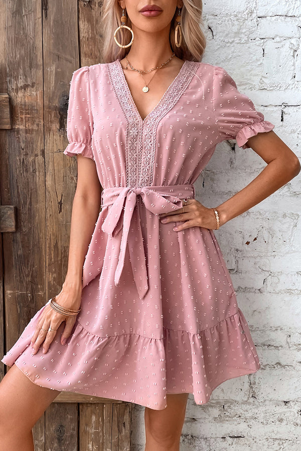 Solid Color V Neck Ruffled Sleeves Casual Dress