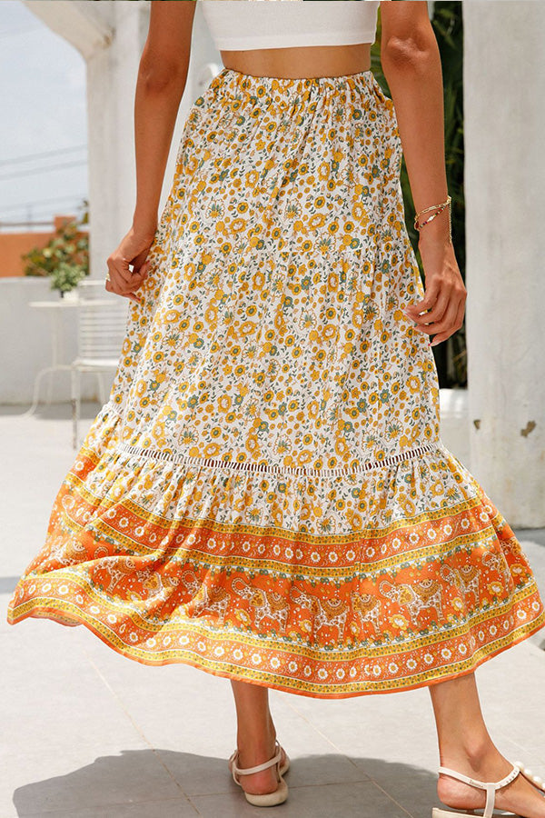 Floral Print High Waist Ruffled Hem Skirt
