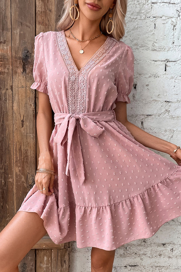Solid Color V Neck Ruffled Sleeves Casual Dress