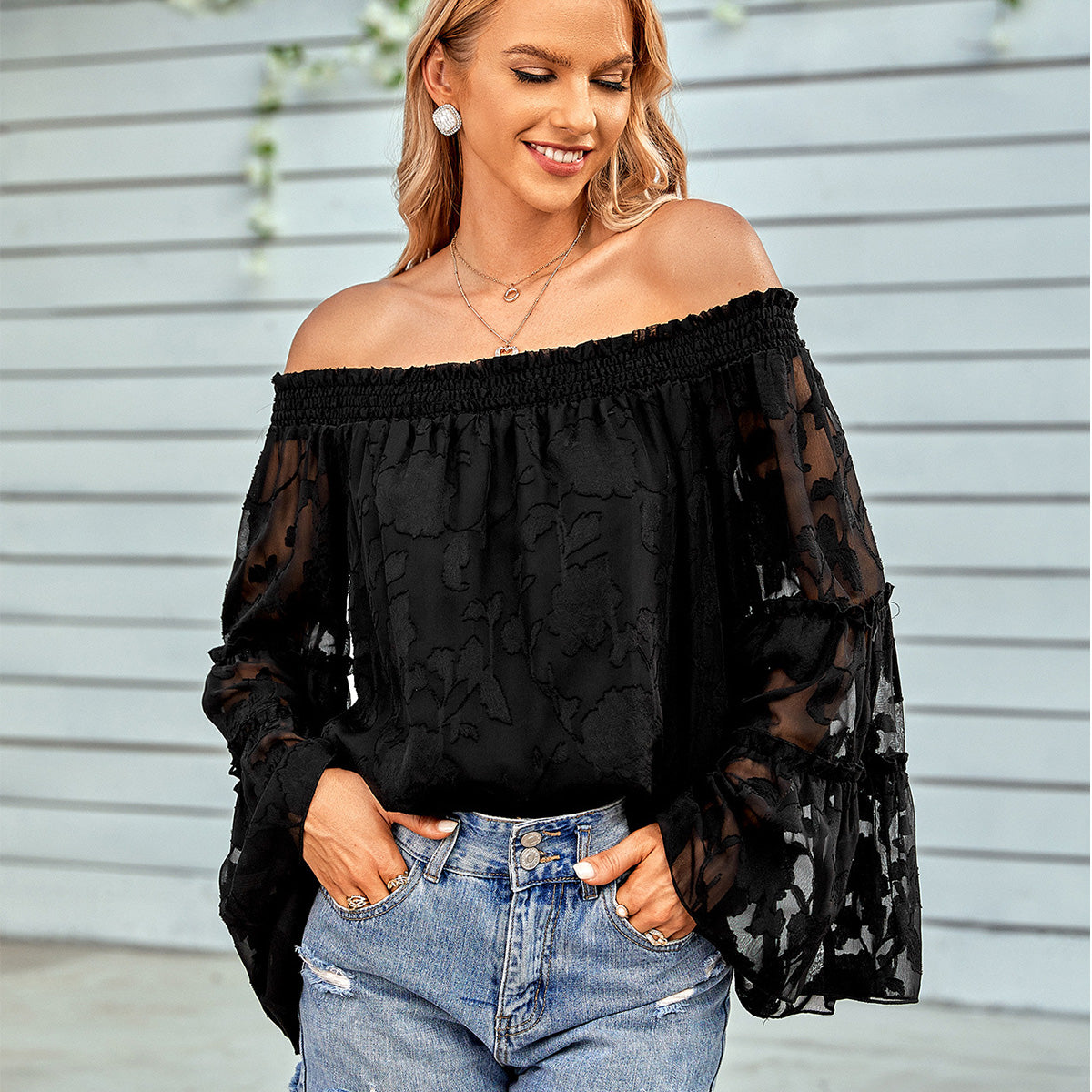 Lace Patchwork Off The Shoulder Tops