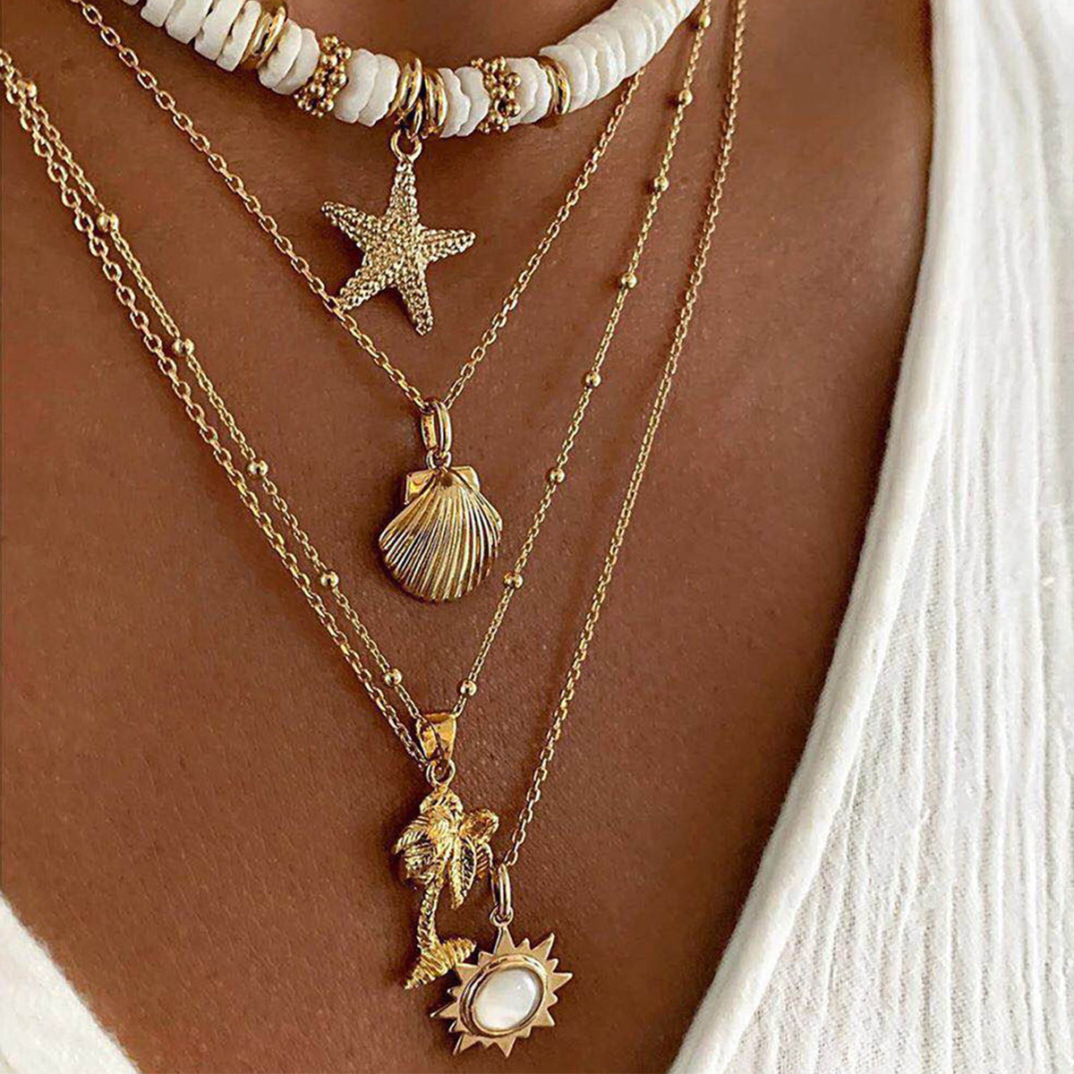 Star Shell Layered Charm Necklace