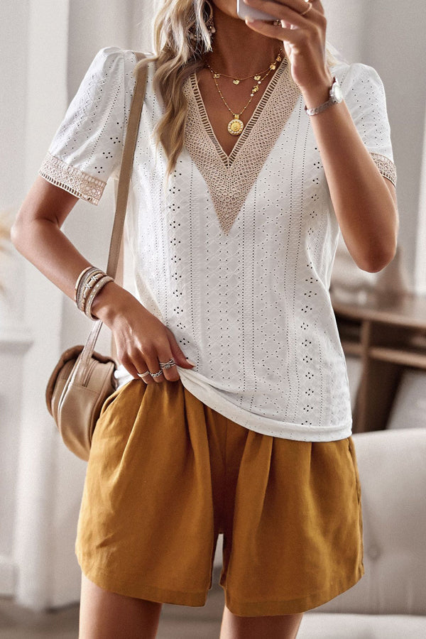 White V Neck Patchwork Short Sleeve Casual Tops