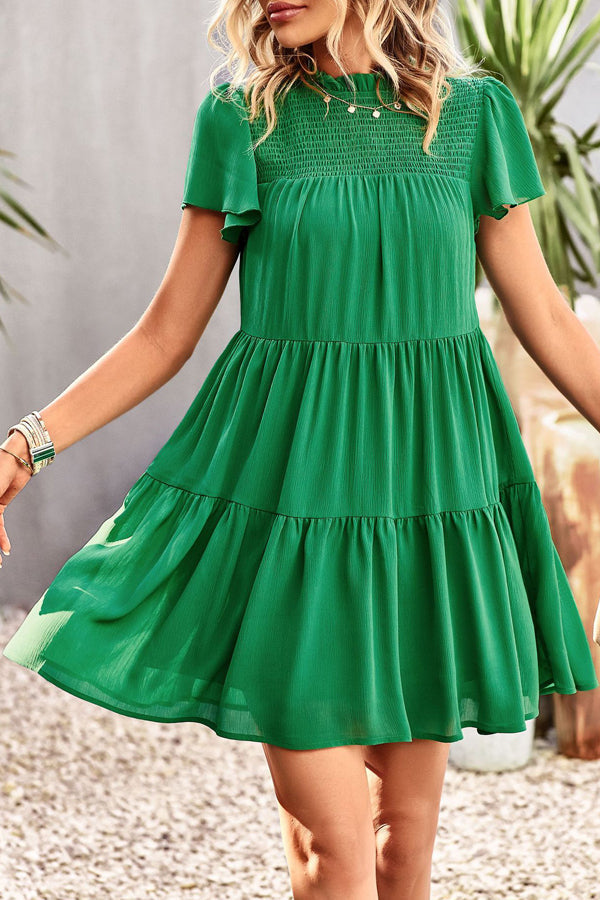 Fashion Smocked Solid Color Mini Dress