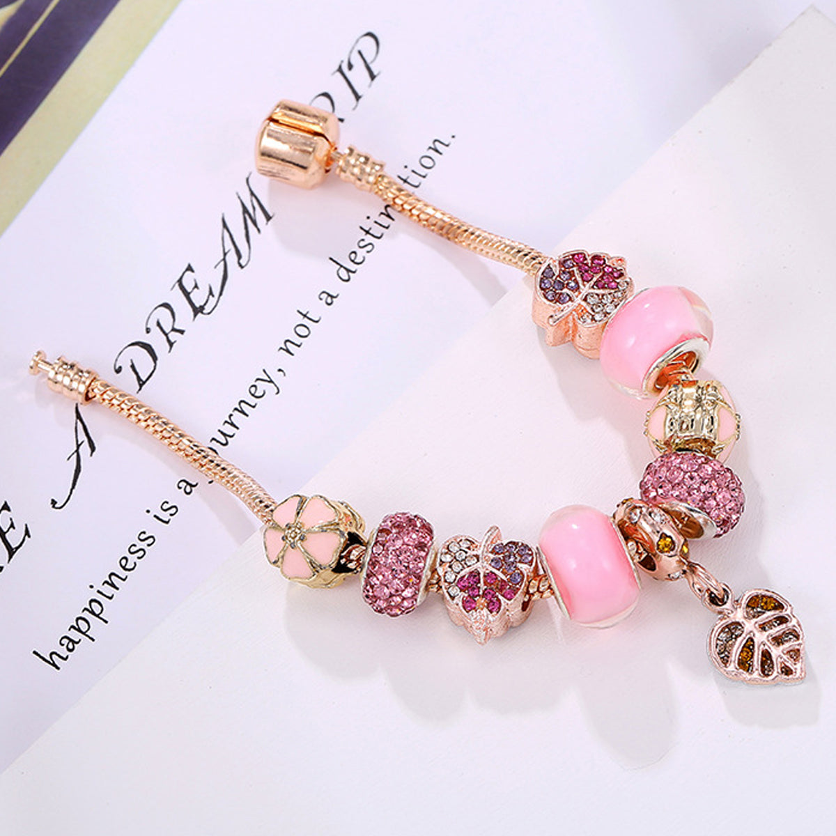 Cute Pink Leaf Diamond Bracelet