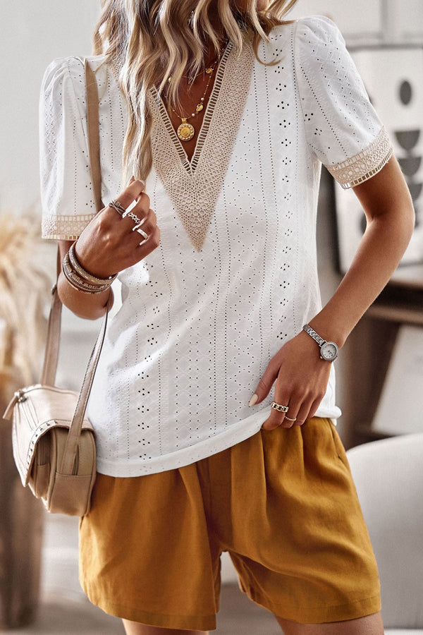 White V Neck Patchwork Short Sleeve Casual Tops