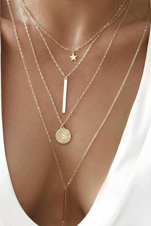 Round Pendant Star Charm Layered Chain Necklace