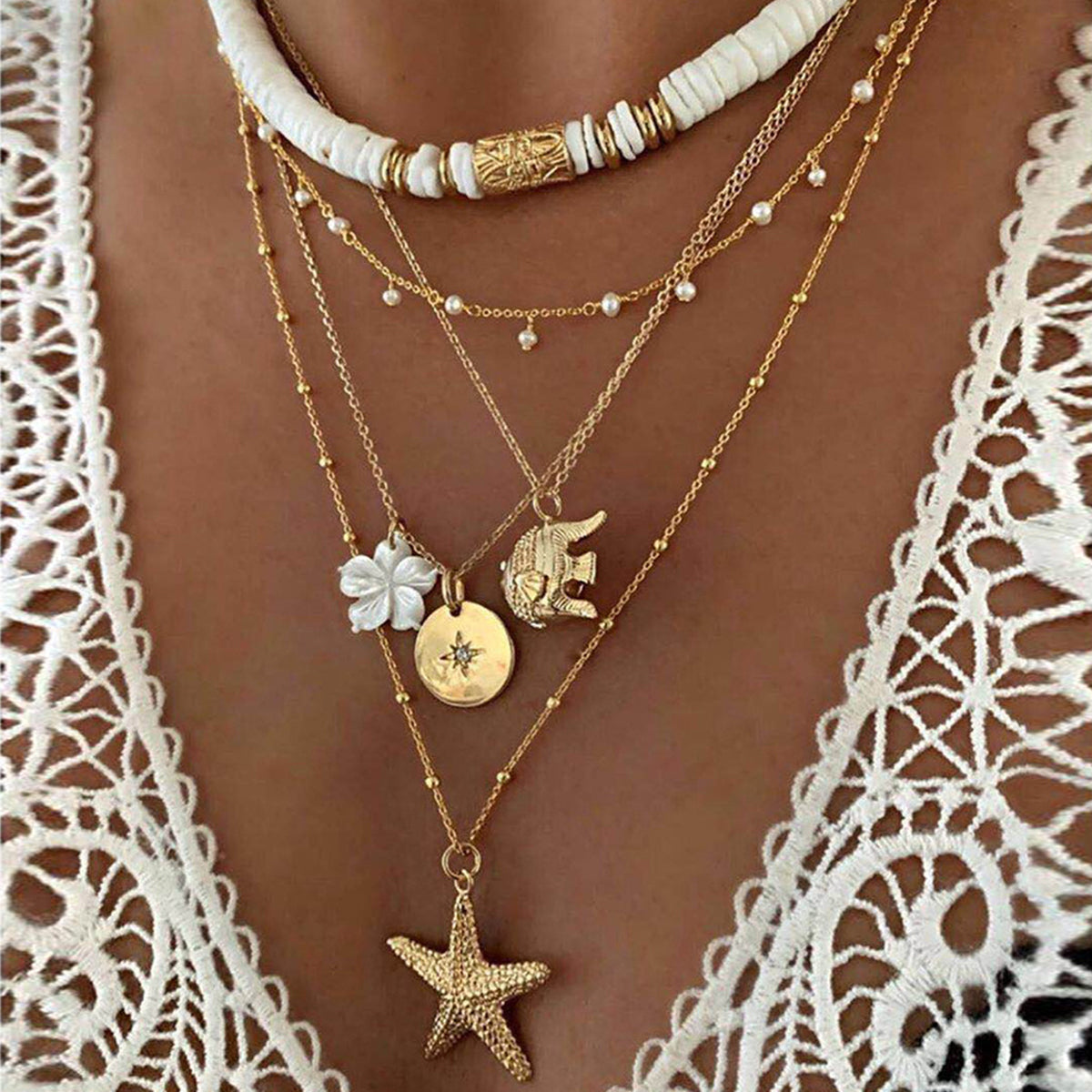 Star Floral Layered Charm Necklace