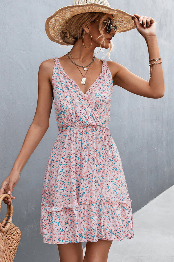 Floral Print Frill Sleeveless Casual Dress