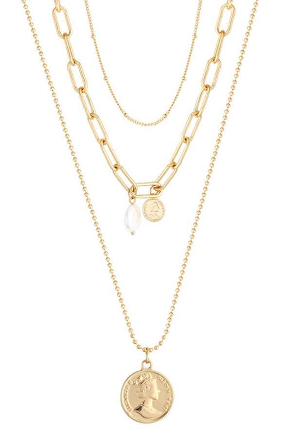 Layered Retro Coin Pearl Necklace