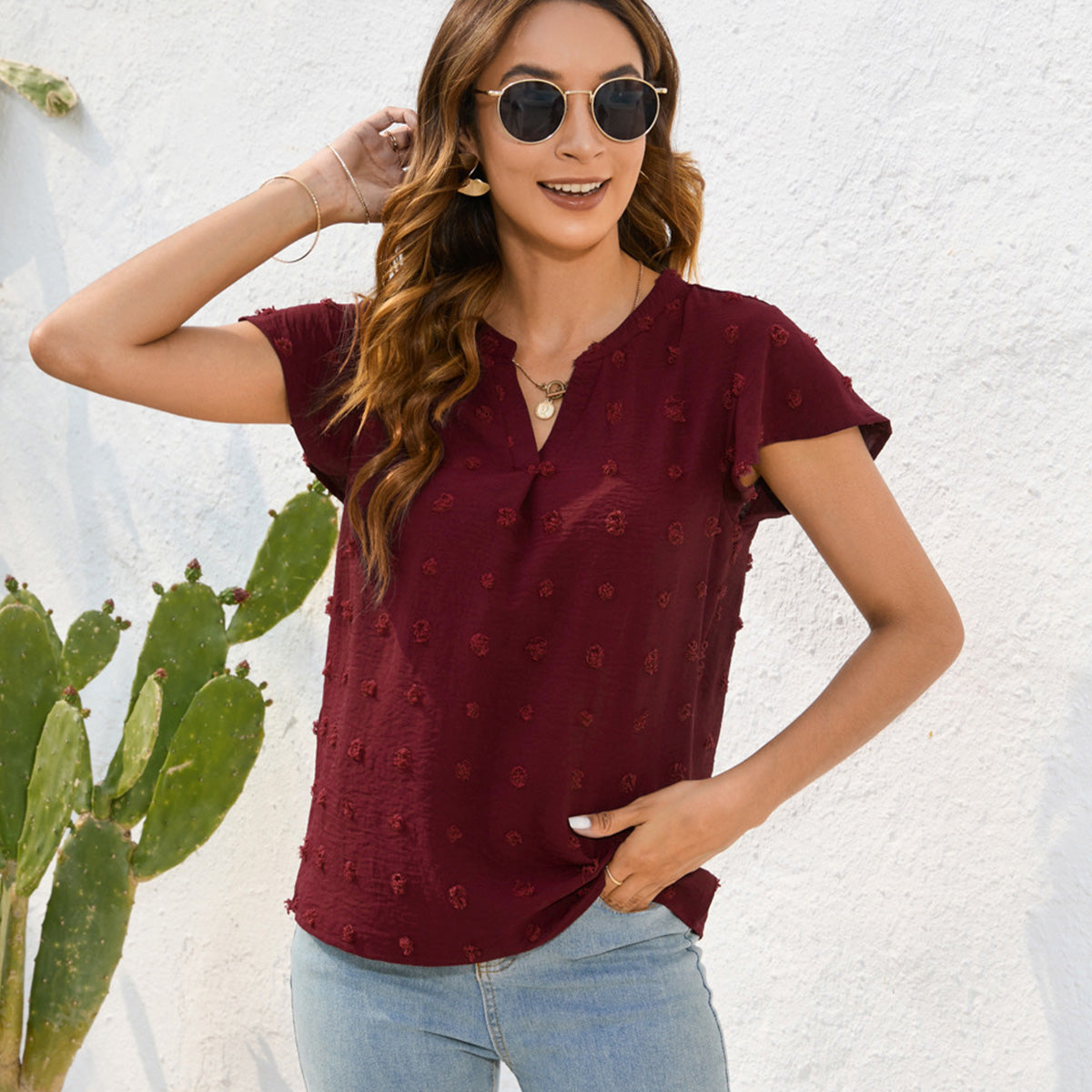 Solid V Neck Short Sleeve Casual Tops