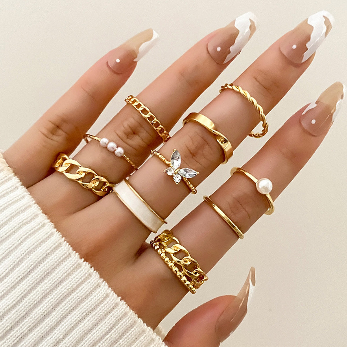 Vintage Inlaid Pearl Chain Ring 10pcs